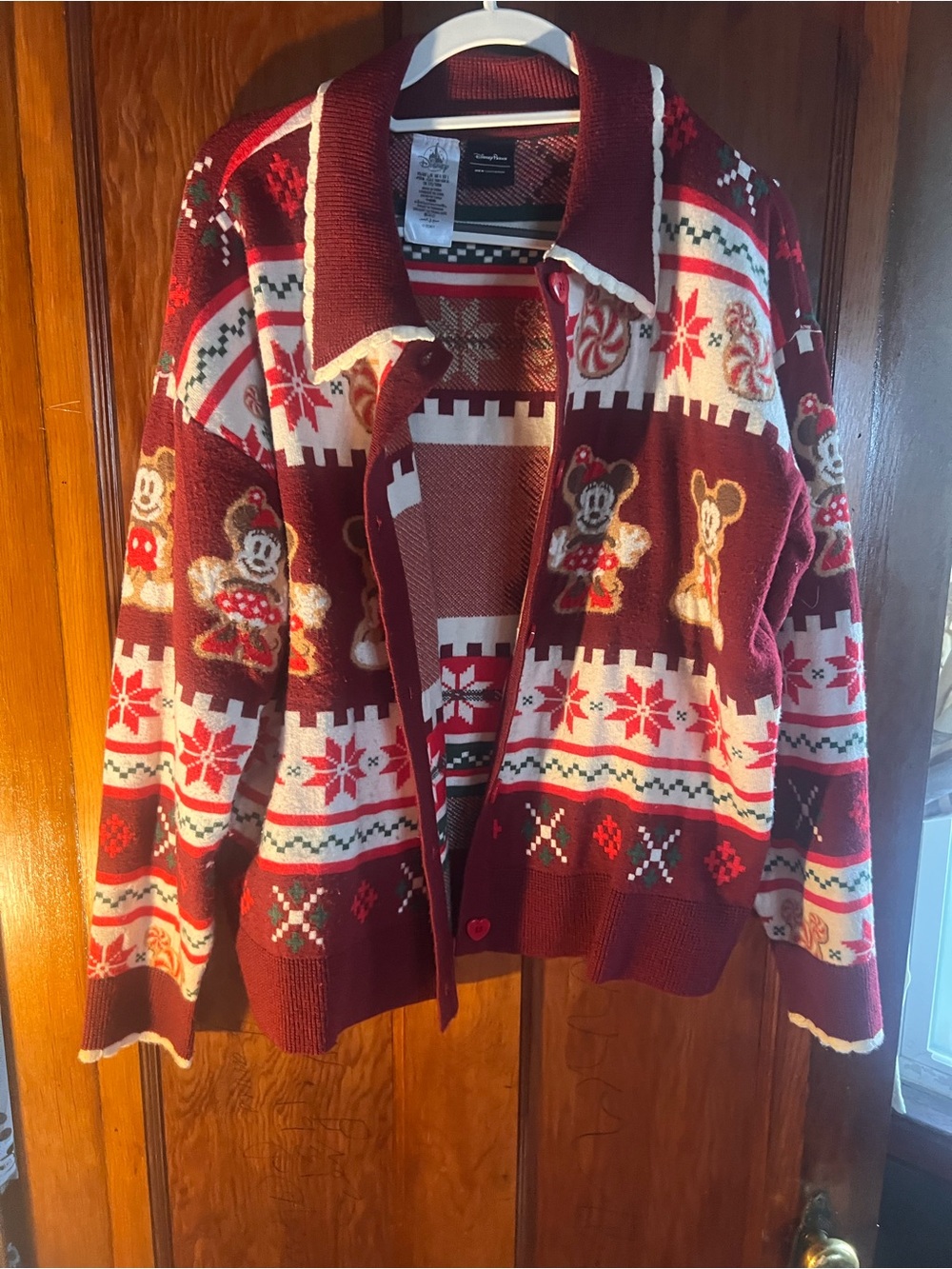 Disney Burgundy Red White Holiday Mickey Cardigan Sweater